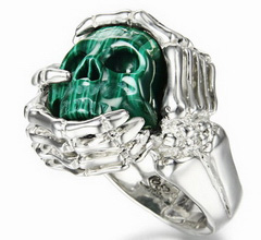 Gemstone Size 8 1/2, Malachite Carved Crystal Skull with sterling silver Bones Ring