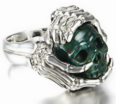 Gemstone Size 12, Bloodstone Carved Crystal Skull with sterling silver Bones Ring