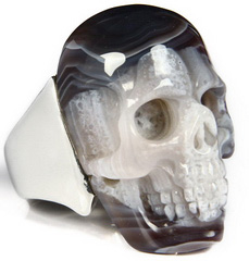 Fine Gemstone Size 12, Mozambique Agate Carved Crystal Skull Ring with Sterling Silver