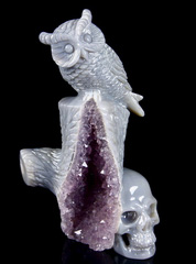 Unique Amethyst Geode Huge 5.0" Agate Carved Crystal Skull with Owl Sculpture