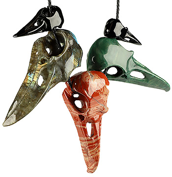 Five Gemstones Carved Crystal Raven Skulls Pendant