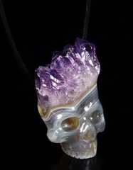 Nice 1.7" Amethyst & Agate Carved Crystal Skull Pendant