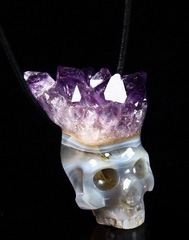 Nice Amethyst & Agate Carved Crystal Skull Pendant