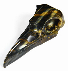 Huge 4.7" Blue & Gold Tiger's Eye Carved Crystal Raven Skull, Crystal Healing