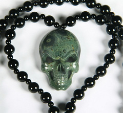 Kambaba Jasper Carved Crystal Skull Pendant with Black Obsidian Necklace