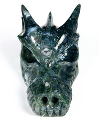 Huge 5.5" Green Moss Agate Carved Crystal Dragpn Skull