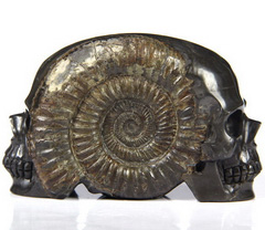 3.4" Ammonite Fossil Carved Crystal Double Skulls Sculpture