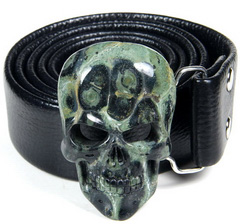 Kambaba Jasper & 925 Sterling Silver Carved Crystal Skull Belt, 925 Sterling Silver rhodium plated