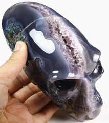 Nice Huge 7.2" Amethyst Geode Agate Carved Elongated Mayan Alien Crystal Skull