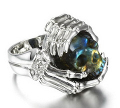 Gemstone Labradorite Carved Crystal Skull Ring with sterling silver Bones Ring