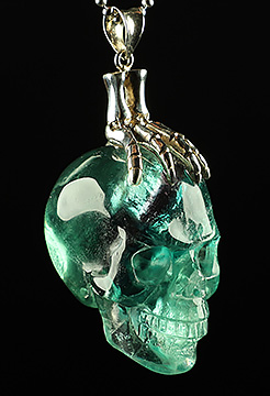 Nice Gemstone Fluorite & 925 Sterling Silver Carved Crystal Skull Pendant with 925 Sterling Silver Bones Ring