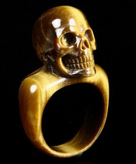 Amazing Flash Gemstone Size 11, Gold Tiger Eye Carved Crystal Skull Ring