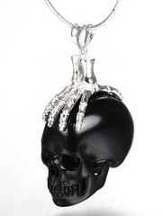 Black Obsidian Carved Crystal Skull Pendant with sterling silver Bones
