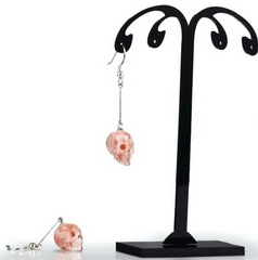 Gemstone Rhodochrosite Carved Crystal Skull Earrings with Sterling Silver