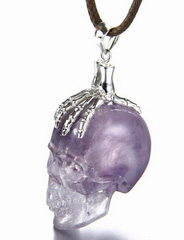 Gemstone Amethyst Carved Crystal Skull Pendant with sterling silver Hand Bone