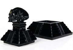 Huge 5.7" Black Obsidian Carved Elongated Mayan Alien Crystal Skull & Maya Pyramid Sculpture