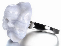 Size 8, Blue Chalcedony & 925 Sterling Silver Carved Crystal Skull Ring with 925 Sterling Silver