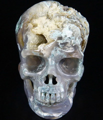 Nice Geode Huge 4.5" Green Moss Agate Carved Crystal Geode Skull, Super Realistic