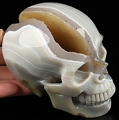 Huge 4.4" Gray & White Agate Geode Carved Crystal Skull