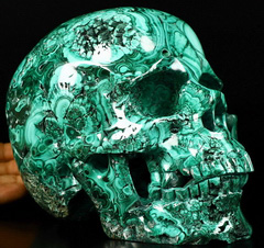 Gemstone Lifesized 8.1" Malachite Carved Crystal Skull, Super Realistic