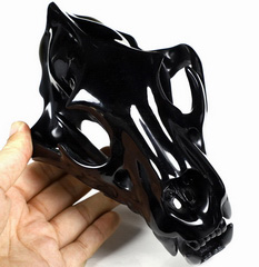 AWESOME Huge 8.7" Black Obsidian Carved Crystal Smilodon SABER-TOOTHED Tiger/Cat Skull