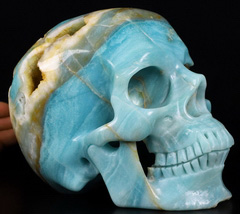 Nice Geode Lifesized 7.0" Chinese Amazonite Carved Crystal Geode Skull, Super Realistic