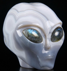 3.9" Gray & White Agate Carved Crystal Female Alien Skull With Labradorite Eyes, Crystal Healing