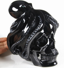Amazing Huge 6.1" Black Obsidian Carved Crystal Skull Sculpture Octopus and Emerald Eyes
