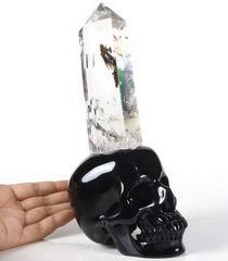 The Source of the Energy - Huge 9.6" Black Obsidian Carved Crystal Skull with Clear Quartz Rock Crystal Point