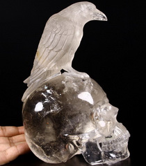 Giant 8.3" Smoky Quartz Rock Crystal Carved Crystal Skull and Raven Sculpture