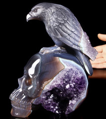 Lifesized 7.9" Agate Amethyst Geode Carved Crystal Skull with Hawk Sculpture