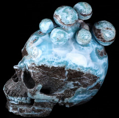 GEMSTONE HUGE 5.6" Larimar Carved Crystal Skull with Mushroom, Super Realistic