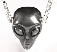 0.8" Hematite Carved Crystal Female Alien skull Pendant, Sterling Silver, Healing