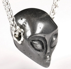 0.8" Hematite Carved Crystal Female Alien skull Pendant, Sterling Silver, Crystal Healing