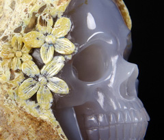 4.8" Agate Carved Crystal Skull Egg with Chrysanthemum Sculpture, Realistic