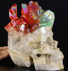 Lifeszied 8.0" Rainbow Aura Quartz Druse Carved Crystal Druse Skull, Realistic