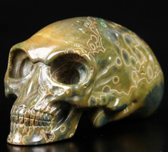 4.0" Ocean Jasper Carved Crystal Elongated Mayan Alien Skull, Kingdom of Crystal Skulls, Healing