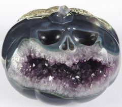 Amazing 5.9" Agate Amethyst Geode Carved Jack-o'-Lantern Halloween Jack Crystal Skull Sculpture