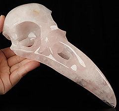 9.1" Rose Quartz Carved Crystal Raven Skull, Crystal Healing