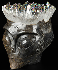 Rainbow 4.0" Quartz Rock Crystal Druse Carved Crystal Female Alien Skull, Crystal Healing