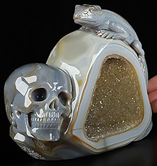 7.5" Premium Brazilian Agate Geode Hand Carved Crystal Skull Fine Art Sculpture, Crystal Healing