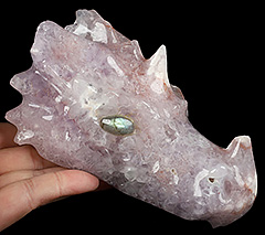 Gemstone 5.8" Amethyst Hand Carved Crystal Dragon Skull with Labradorite Eyes Sculpture, Crystal Healing