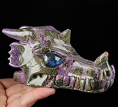 Gemstone 5.0" Stichtite and Serpentine Hand Carved Crystal Dragon Skull with Labradorite Eyes Sculpture, Crystal Healing