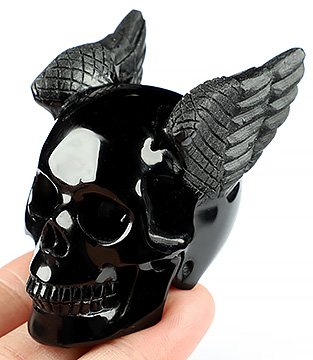2.6" Black Obsidian Carved Crystal Skull With Wings