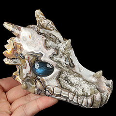 Gemstone 5.0" Red Crazy Lace Agate Hand Carved Crystal Dragon Skull with Labradorite Eyes Sculpture, Crystal Healing