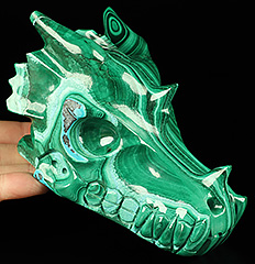 Gemstone 5.0" Malachite Hand Carved Crystal Dragon Skull Sculpture, Crystal Healing