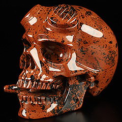 5.1" Mahogany Obsidian Hand Carved Crystal Hellboy Skull Fine Art Sculpture, Crystal Healing