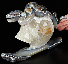 7.6" Agate Hand Carved Crystal Skull & Snake Fine Art Sculpture, Crystal Healing