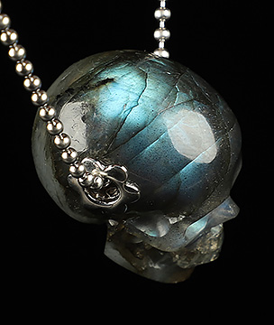 Necklace of 1.1" Labradorite Hand Carved Crystal Skull Pendant, Skull Jewelry