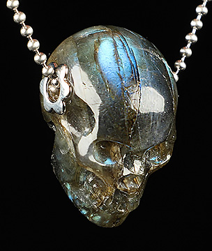 Necklace of 1.1" Labradorite Hand Carved Crystal Skull Pendant, Skull Jewelry